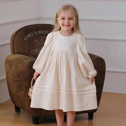 Spring and Autumn Solid Color Floral Pattern Long-sleeved Dress for Stylish Girls