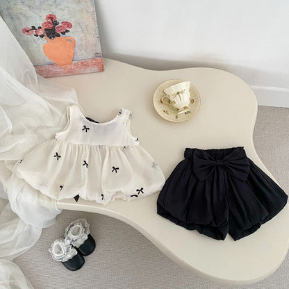 Summer Baby Kids Girls Butterfly-bows Pattern Sleeveless Top and Plain Shorts Clothing Set