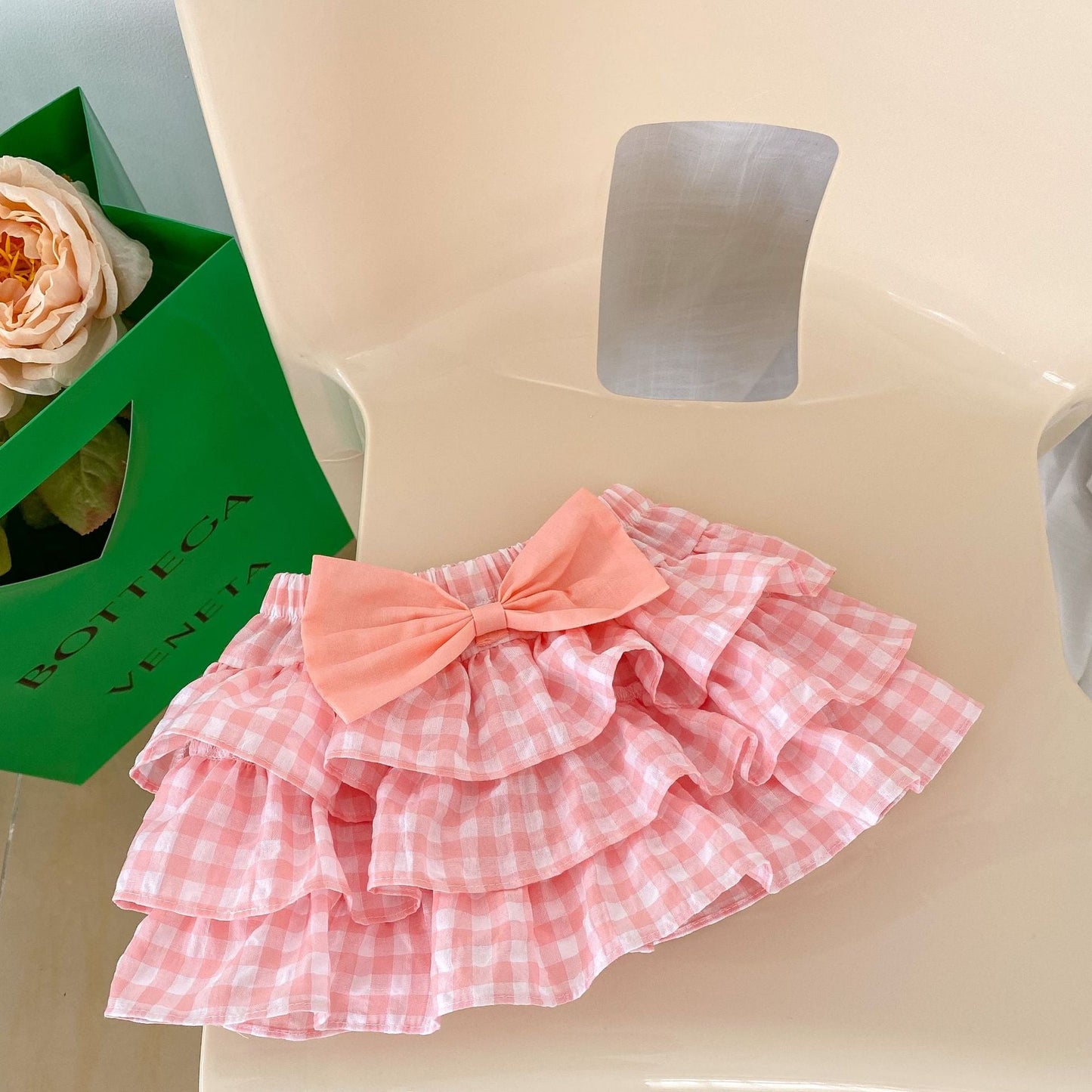Baby Girl Cherry Laple Neck Shirt With Plaid Skirt Sets