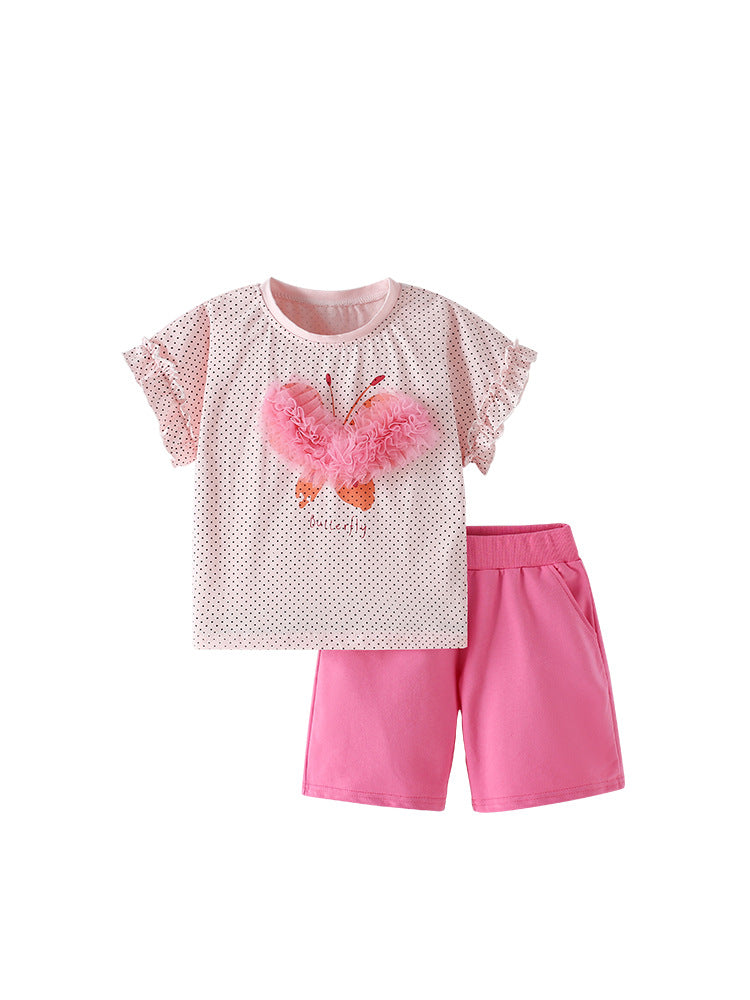 Summer Baby Kids Heart Shaped Butterfly Pattern Top and Pink Shorts Clothing Set for Girls