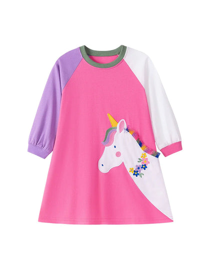 Autumn Arrival Cartoon Animals Pattern Long Sleeves Crew Neck Dress for Stylish Girls
