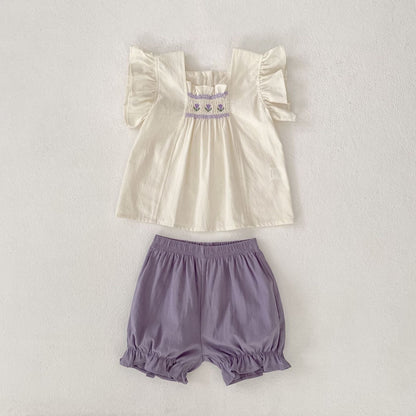 Summer Baby Kids Flowers Pattern Fly Sleeves Top and Plain Shorts Clothing Set for Girls