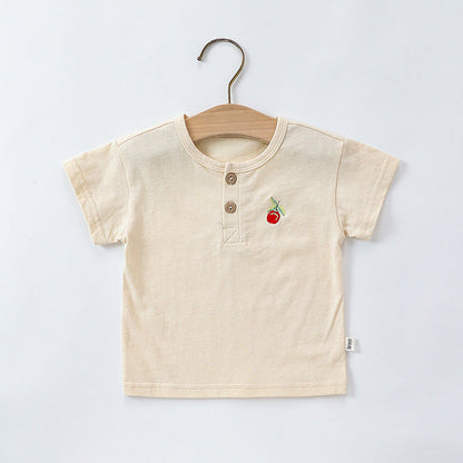 Summer Baby Kids Unisex Fruits Embroidered Pattern Short Sleeves T-shirt and Teddy Pattern Rompers Overalls Clothing Set