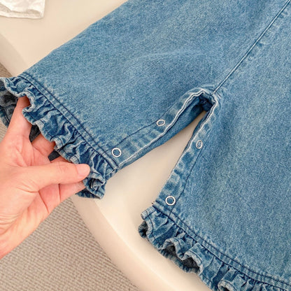 Arrival Spring Girls Long Sleeves Simple Floral Embroidered Top and Denim Overalls Set Clothing Set