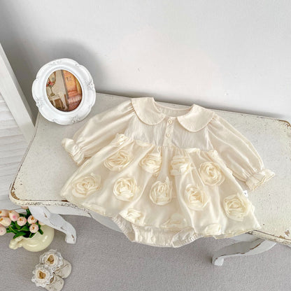 Autumn Arrival Baby Girls Long Sleeves Solid Color 3D Tulle Flowers Attached Bodysuits Dress
