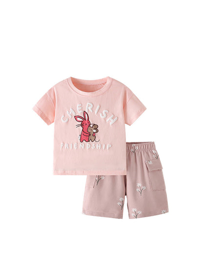 Summer Baby Kids Cartoon and Letters Pattern T-shirt and Floral Shorts Clothing Set for Girls