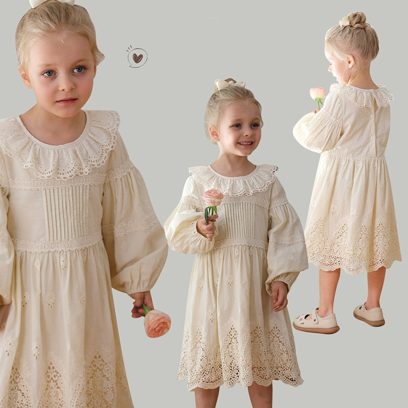 Spring and Autumn Solid Color Long-sleeved Dress with Lace Collar for Stylish Girls