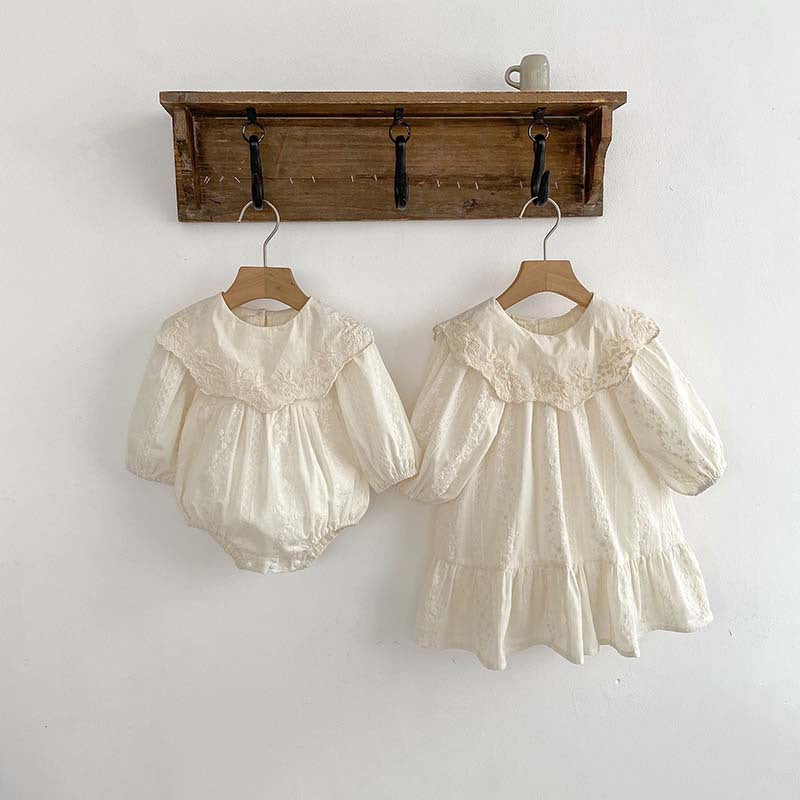 Arrival Spring Baby Kids Girls Ruffle Collar Long Sleeves Floral Embroidery Onesies And Dress – Princess Sister Matching Set