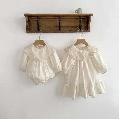 Arrival Spring Baby Kids Girls Ruffle Collar Long Sleeves Floral Embroidery Onesies And Dress – Princess Sister Matching Set