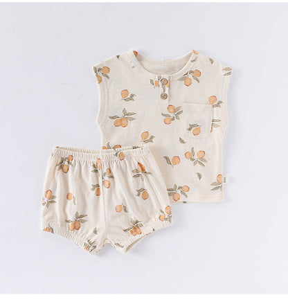 Summer Arrival Baby Unisex Sleeveless Fruits Pattern Top Vest and Shorts Clothing Sets