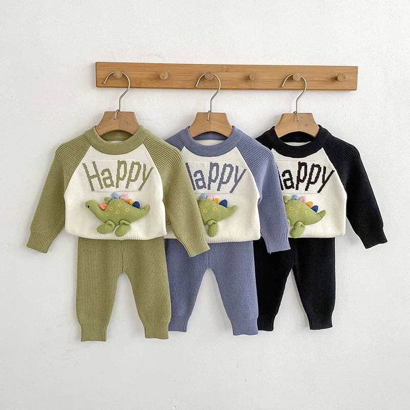 Arrival Autumn Baby Unisex Long Sleeves Color Patchwork Letters and Cartoon Pattern Knitted Top Sweater and Long Trousers Clothing Set