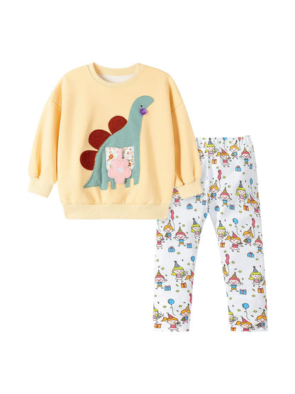 Winter and Autumn Girls Dinosaurs Cartoon Pattern Long Sleeves Sweatshirt and White Pants Clothing Set