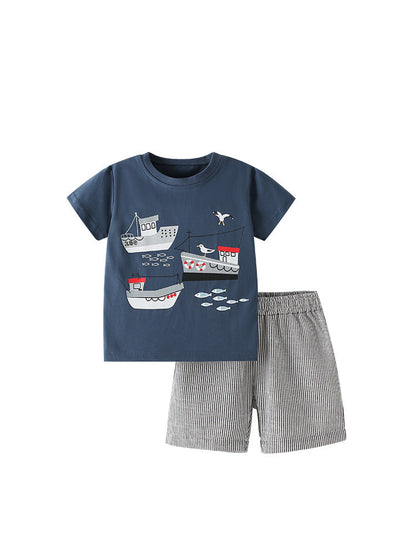Summer Baby Kids Casual Ships Cartoon Pattern T-shirt and Striped Shorts Clothing Set for Boys