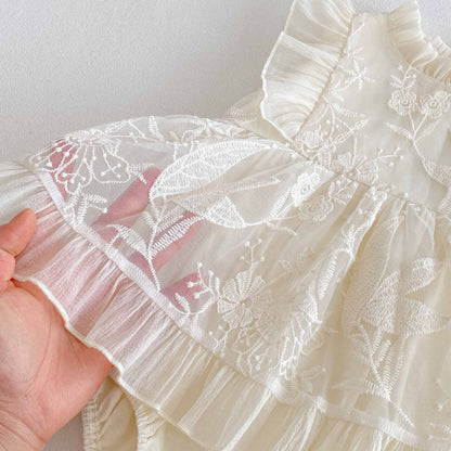 Summer Arrival Baby Girls Cute Solid Color Floral Embroidery Fly Sleeves Dress Design Onesies