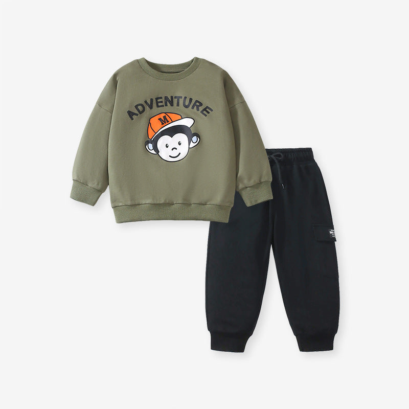 Spring And Autumn Boys Cartoon Monkey Pattern Long Sleeves Top Sweatshirt And Pocketed Pants Clothing Set
