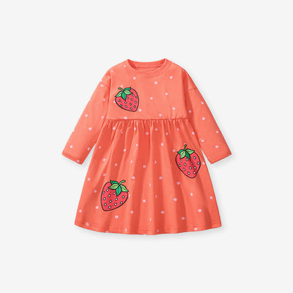 Autumn Arrival Girls’ Strawberry Pattern Dots Crew Neck Long Sleeves Dress