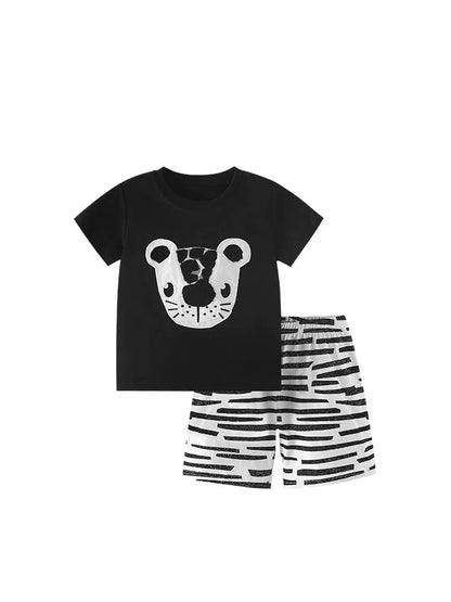 Summer Baby Kids Casual Animals Cartoon Pattern T-shirt and Shorts Clothing Set for Boys
