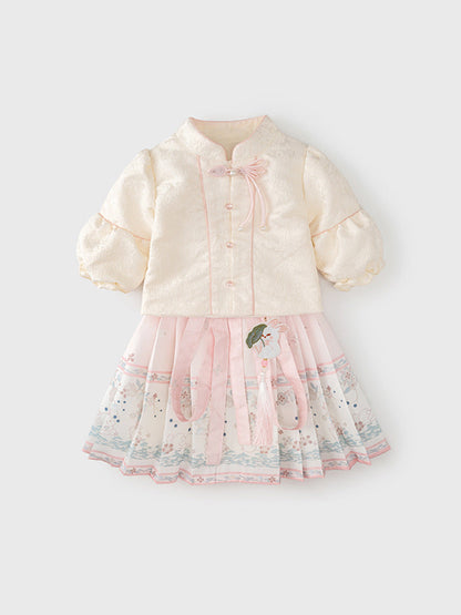 Autumn Arrival Baby Girls Simple Stand Collar Top and Rabbits Pattern Skirt Clothing Set