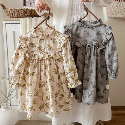 Arrival Autumn Girls French Style Ruffle Neck Long Sleeves Floral Pattern Dress