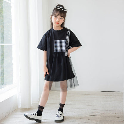 Black Plaid Patched Design Mesh Casual Dress