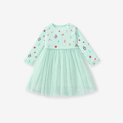 Arrival Autumn Girls Cartoon Christmas Print Crew Neck Long Sleeves Tulle Patchwork Princess Dress