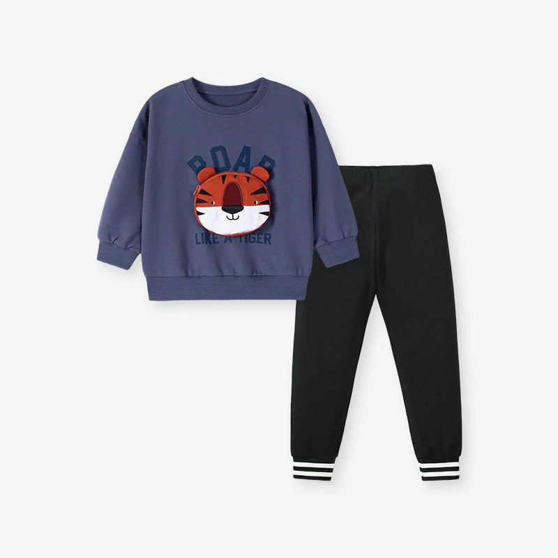 Spring and Autumn Boys Animals Cartoon and Letters Pattern Long Sleeves Sweatshirt and Pants Clothing Set