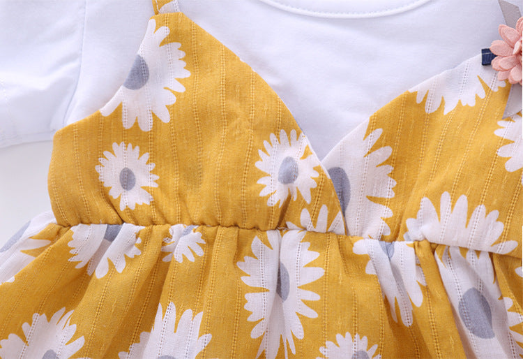 Baby Girl Little Daisy Print Pattern False Patchwork Design Round Collar Short-Sleeved Dress