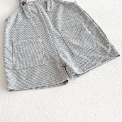 Summer Hot Selling Baby Kids Unisex Sleeveless Pocketed Grey Strap Overalls and White T-Shirt Clothing Set