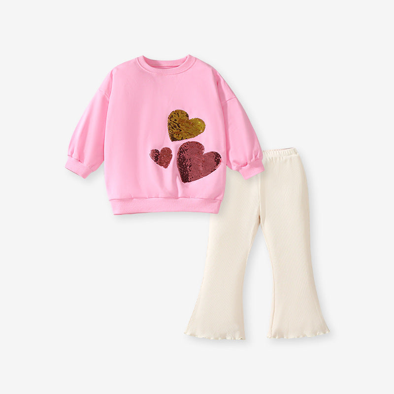 Arrival Spring And Autumn Girls Fashion Sequin Heart Long Sleeves Top T-Shirt And Flared Pants Clothing Set