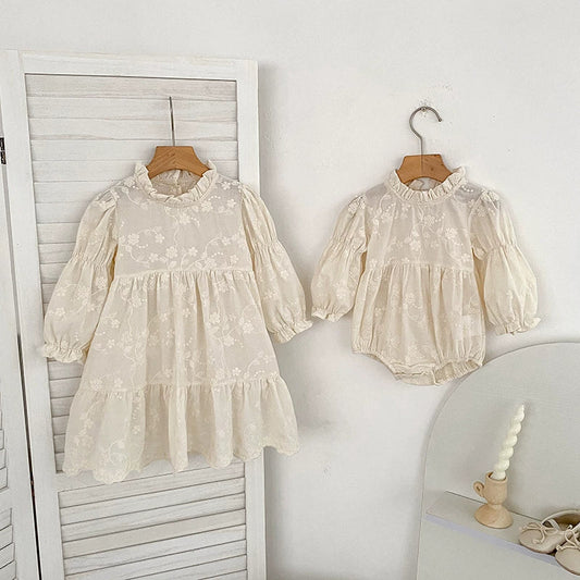 Autumn Baby Girls French Style Flowers Pattern Long-sleeved Onesies and Dress – Princess Sister Matching Set