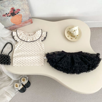 Summer Baby Kids Dots Pattern Fly Sleeves Top Vest with Black Skirt Clothing Set for Girls