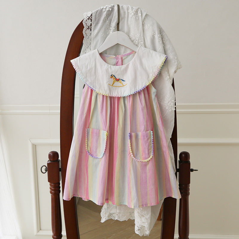 Summer Baby Kids Girls Sleeveless Horse Pattern Embroidered Striped Dress