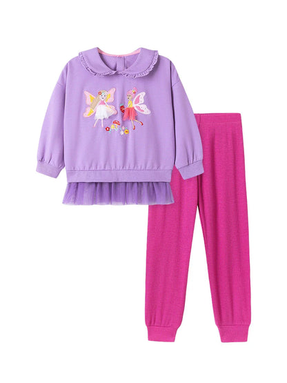 Spring and Autumn Girls Fairy Cartoon Pattern Long Sleeves Sweatshirt and Purple Pants Clothing Set