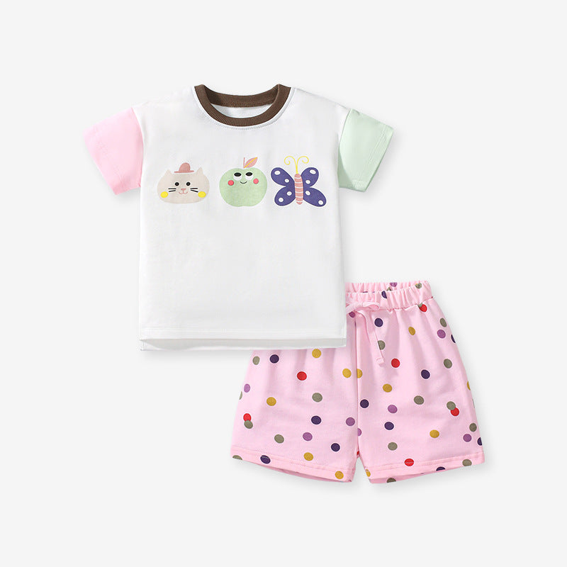 Summer Baby Kids Girls Cartoon Top And Dots Shorts Casual Clothing Set