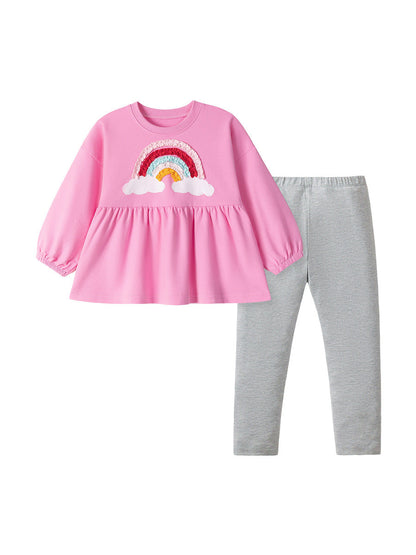 Spring and Autumn Girls Cute Rainbow Pattern Long Sleeves Sweatshirt and Grey Pants Clothing Set