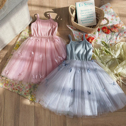 Summer Arrival Butterfly Pattern Sleeveless Tulle Patchwork Dress for Stylish Girls