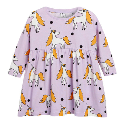 Baby Girl Unicorn Pattern Long Sleeves Style Dress In Autumn Wearing Outfits