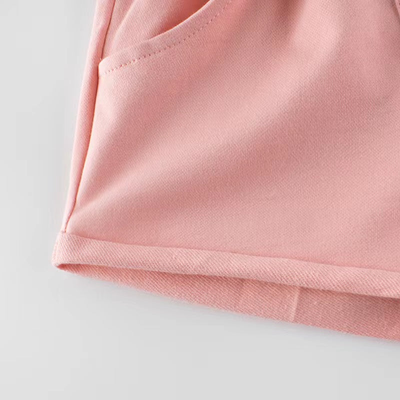 Baby Girl Solid Color Button Design Flap Short Pants With Pockets