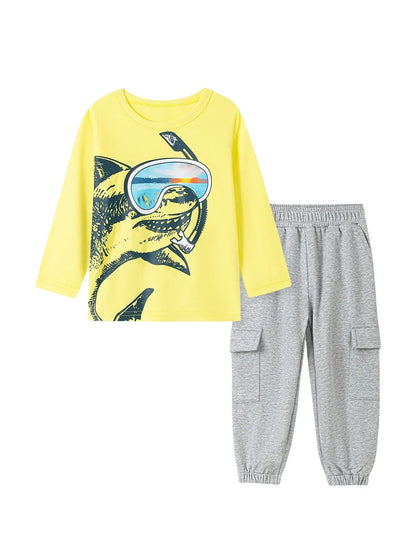 Spring and Autumn Boys Shark Cartoon Pattern Long Sleeves Sweatshirt and Pants Clothing Set
