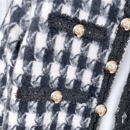 Girls Houndstooth Pattern Single Breasted Cardigan&Skirt Elegant Style Sets