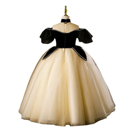 Princess Black Hostess Dress For Girls: Luxurious One-Shoulder Piano Performance Attire