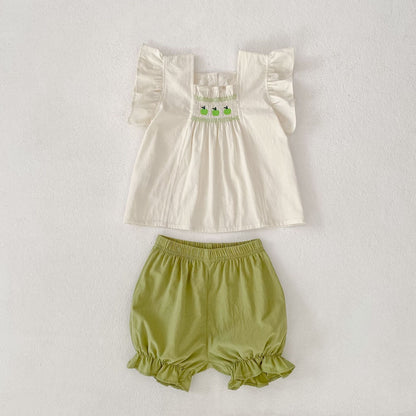 Summer Baby Kids Flowers Pattern Fly Sleeves Top and Plain Shorts Clothing Set for Girls