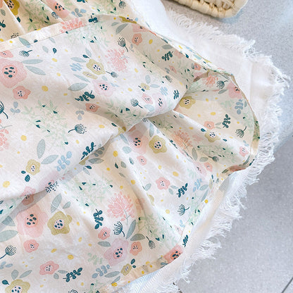 Baby Girl Floral Print O-Neck Puff-Sleeved Short Dress