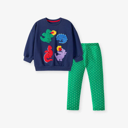 Spring and Autumn Girls Dragons Cartoon Pattern Long Sleeves Sweatshirt and Dots Pattern Pants Clothing Set