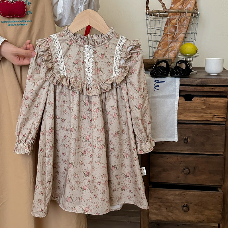 Spring and Autumn Ruffle Edged Neck French Style Floral Sweet Children’s Doll Dress
