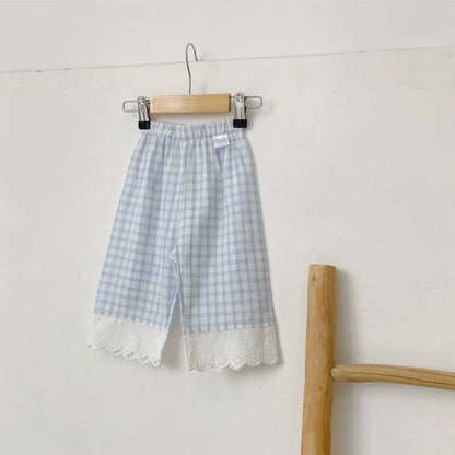 Summer Arrival Kids Girls Lace Decorated Plaid Pants