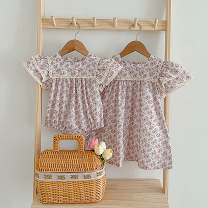 Summer Baby Girls Short Sleeves Square Neck Floral Pattern Dress And Onesie – Princess Sister Matching Set