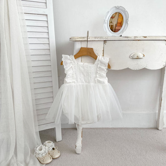 Summer Girls Flower-Embroidered And Hollow Out Strap White Onesies Dress