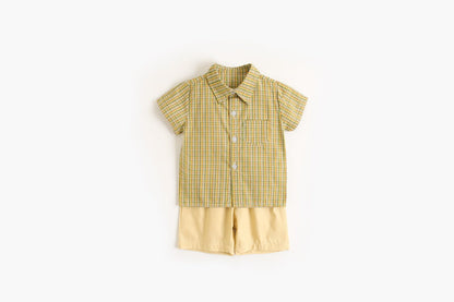 Baby Boy Plaid Pattern Single Breasted Design Polo-Neck Shirt Combo Shorts