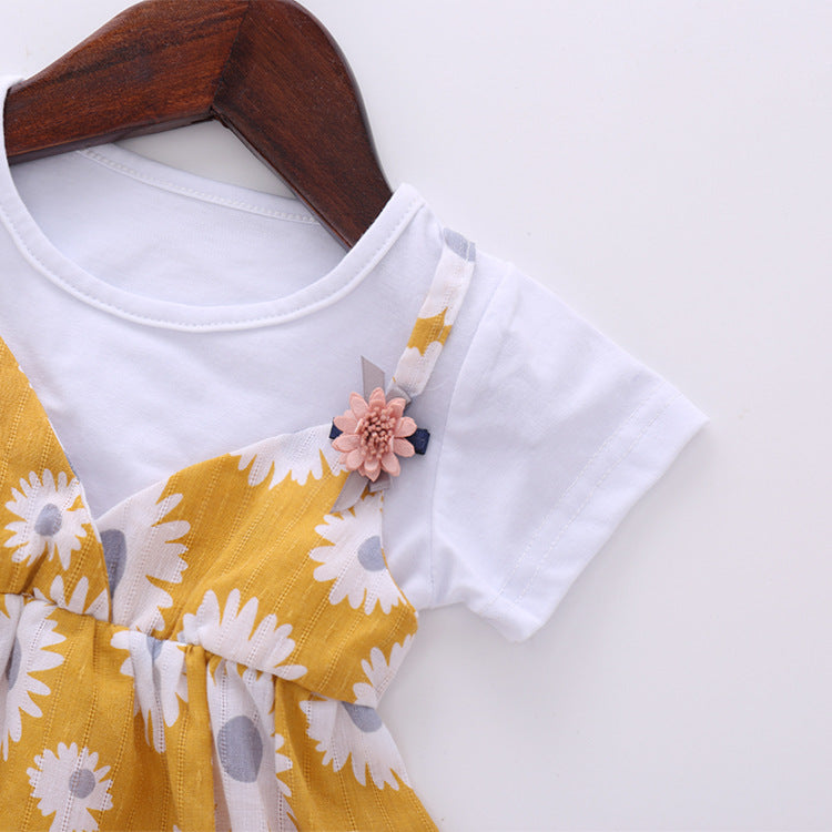 Baby Girl Little Daisy Print Pattern False Patchwork Design Round Collar Short-Sleeved Dress